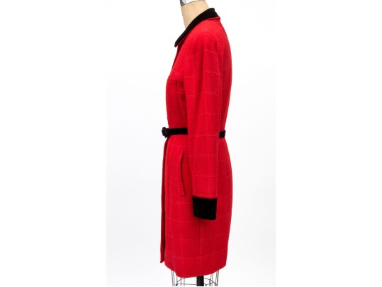 Valentino Boutique Long Red Windowpane Style Jacket With Velvet Collar And Belt, No Size Tag