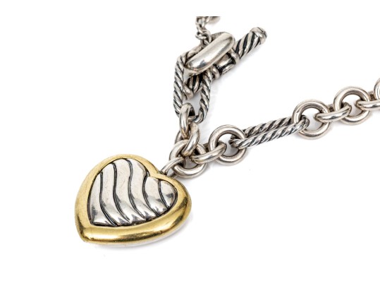 David Yurman Striking Sterling Toggle Link Necklace With 18k And Sterling Ribbed Heart 
