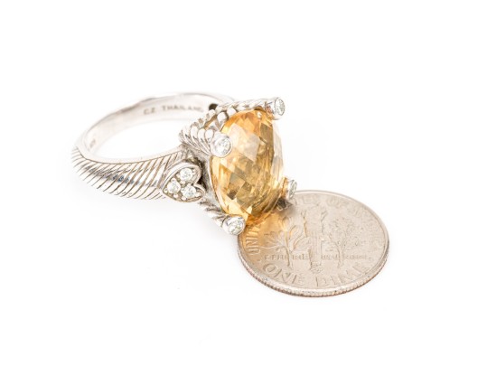 Judith Ripka Sterling Silver Checkerboard Oval Citrine And Cz Ring, Size 7