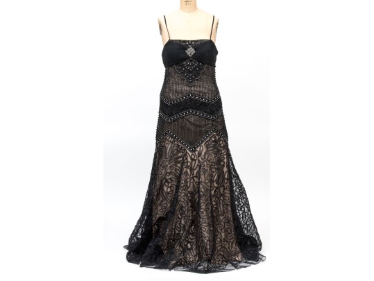 Sue Wong Magnificent Bedazzled Black Lace And Nude Overlay Floor Length Gown, Size 12