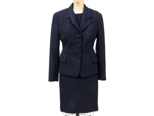 Escada Elements Vintage Navy Blue Lace Paneled Jacket And Dress Suit, Size 40