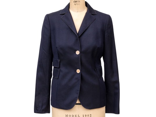 Akris Blue And Tan Trimmed Collared Blazer, Size 10