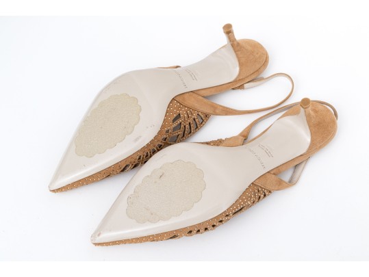 Giorgio Armani Lovely Pierced Tan Suede And Rhinestone Slingbacks, Size 40 1/2