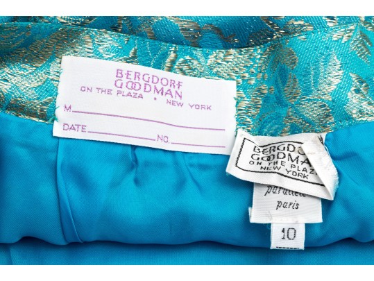 Emanuel Ungaro Vintage Turquoise And Gold Brocade Jacket And Skirt Suit, Size 10