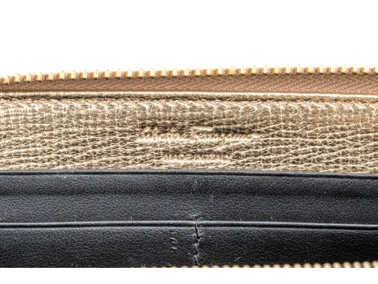 Ferragamo Striking Gold Metallic Leather Zip Wallet