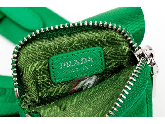 Prada Re-Edition 2005 Green Nylon Shoulder Bag With Logo Strap & Mini Pouch
