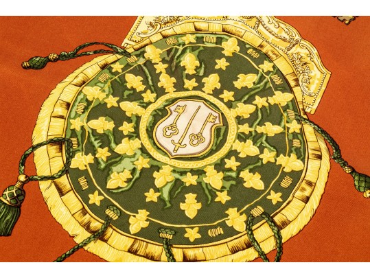 Hermes Classic Key Motif Green And Brown Toned Silk Scarf, With Box