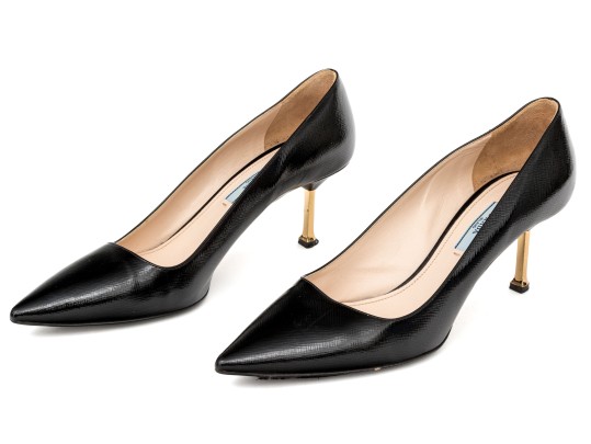 Prada Unusual Black Saffiano Leather Gold Tone Heeled Pumps, Size 41