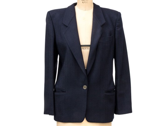 Giorgio Armani Vintage Black Label Blue Black Wool Herringbone Button Front Blazer, Size 42