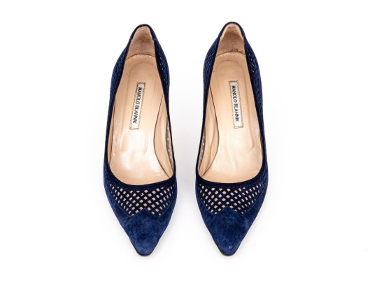Manolo Blahnik Lattice Edged Blue Suede Pumps, Size 41 1/2