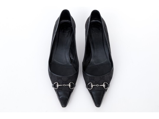 Gucci Black Logo Fabric And Leather Kitten Heel Pumps With Silver-tone Horsebit, Size 10 1/2B
