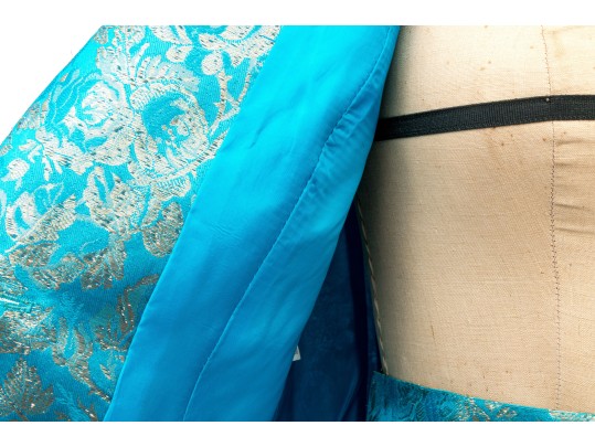 Emanuel Ungaro Vintage Turquoise And Gold Brocade Jacket And Skirt Suit, Size 10