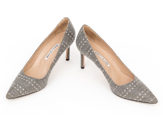 Manolo Blahnik Fun Grey And Off White Fabric Pumps, Size 42