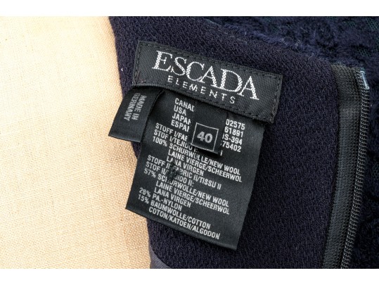 Escada Elements Vintage Navy Blue Lace Paneled Jacket And Dress Suit, Size 40