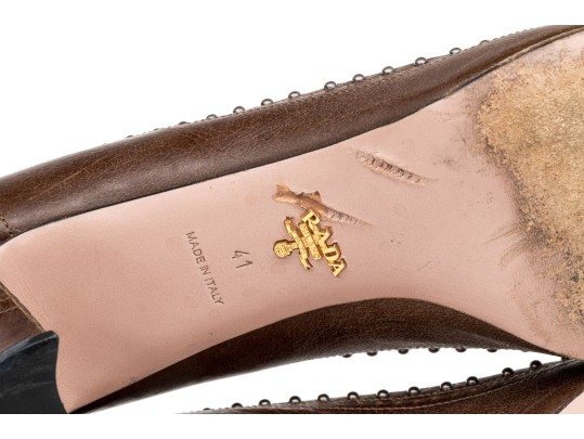 Prada Edgy Studded Brown Leather Wingback Pumps, Size 41