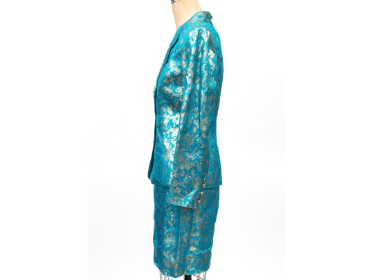 Emanuel Ungaro Vintage Turquoise And Gold Brocade Jacket And Skirt Suit, Size 10