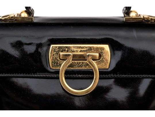 Ferragamo Handsome Black Patent Leather Top Handled Bag