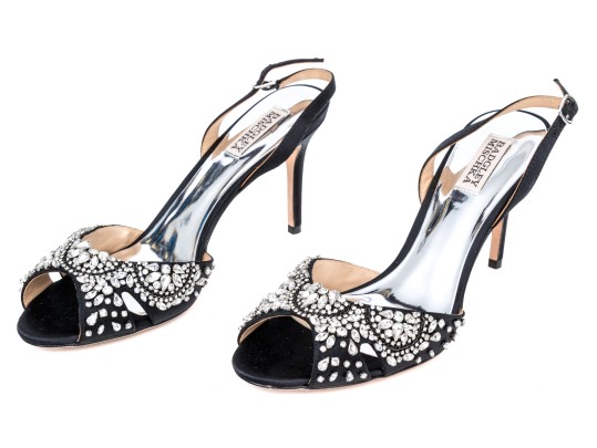 Badgley Mischka Stunning Black Satin And Rhinestone Peep Toe Stiletto Slingbacks, Size 10