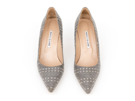 Manolo Blahnik Fun Grey And Off White Fabric Pumps, Size 42