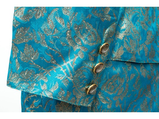 Emanuel Ungaro Vintage Turquoise And Gold Brocade Jacket And Skirt Suit, Size 10