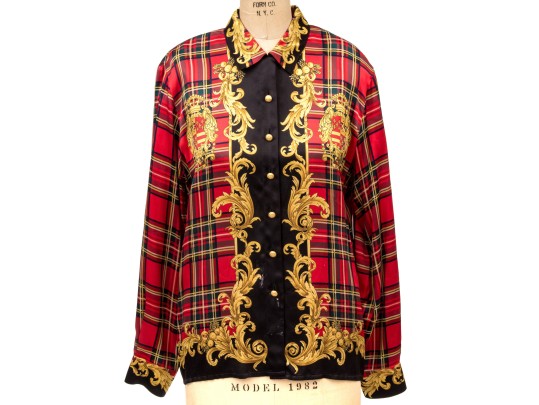 Escada Vintage Red, Black And Gold Scottish Plaid Silk Blouse, Size 40