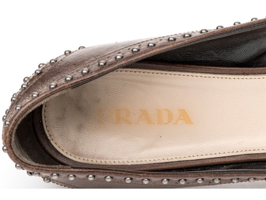 Prada Edgy Studded Brown Leather Wingback Pumps, Size 41