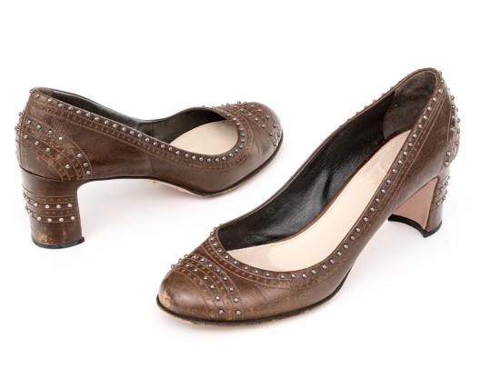 Prada Edgy Studded Brown Leather Wingback Pumps, Size 41