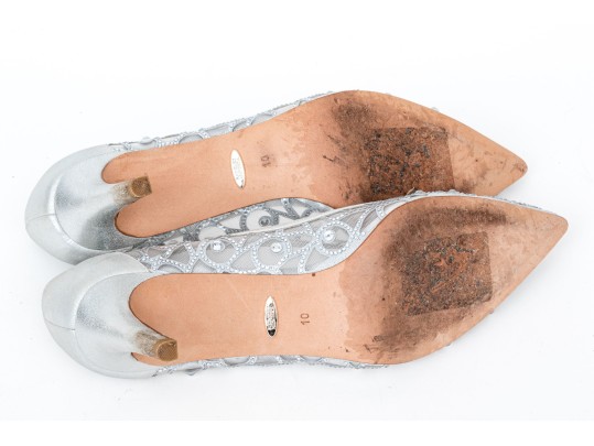 Badgley Mischka Stunning Silver Mesh Rhinestone Pumps, Size 10