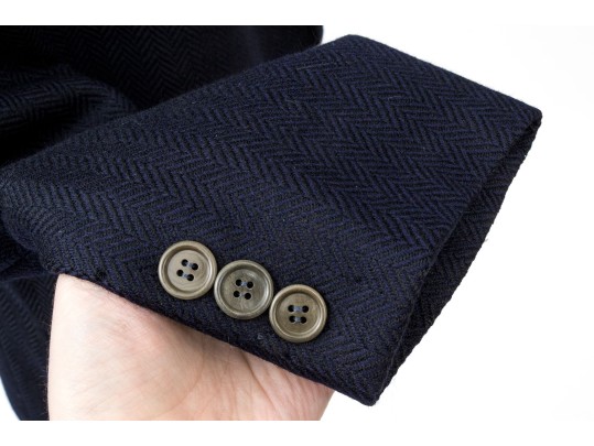 Giorgio Armani Vintage Black Label Blue Black Wool Herringbone Button Front Blazer, Size 42