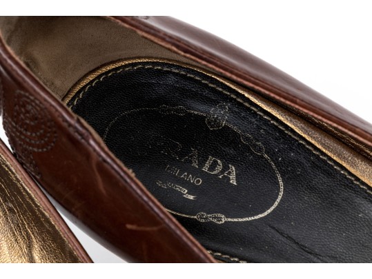 Prada Unique Brown Embroidered Leather Pumps, Size 41