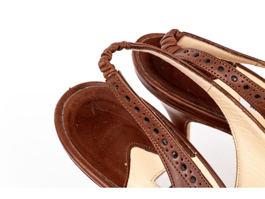 Manolo Blahnik Classic Brown Leather Wingback Style Slingbacks, Size 41 1/2