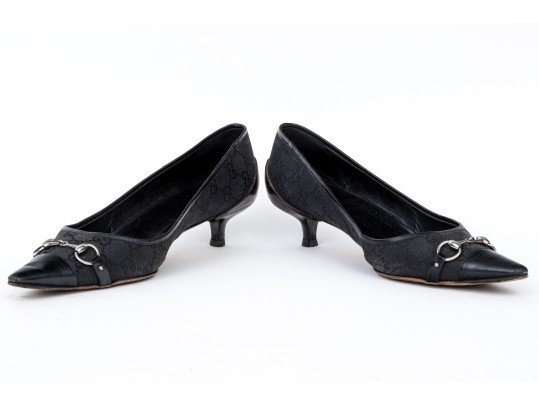 Gucci Black Logo Fabric And Leather Kitten Heel Pumps With Silver-tone Horsebit, Size 10 1/2B