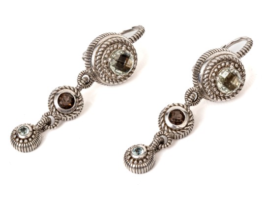 Judith Ripka Sterling Silver Lovely Prasiolite And Blue Topaz Graduated Stacked Earrings