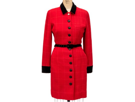 Valentino Boutique Long Red Windowpane Style Jacket With Velvet Collar And Belt, No Size Tag
