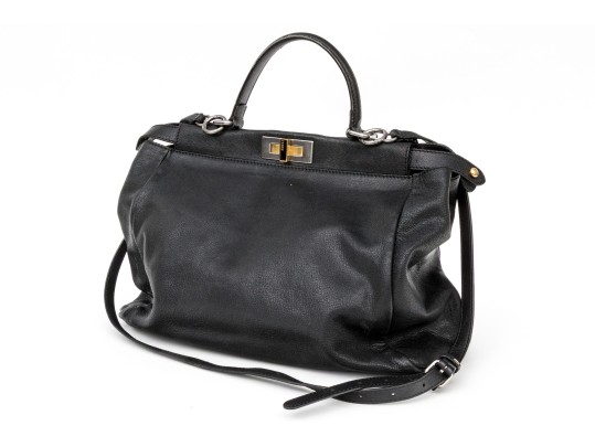 Fendi Extra Large Black Leather Twist Lock Top Handle Bag, With Strap