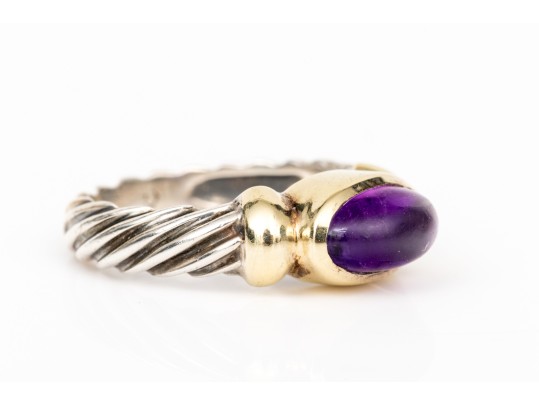 David Yurman Sterling Silver And 14k Yellow Gold Amethyst Cabachon Cable Ring, Size 5.75