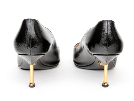 Prada Unusual Black Saffiano Leather Gold Tone Heeled Pumps, Size 41