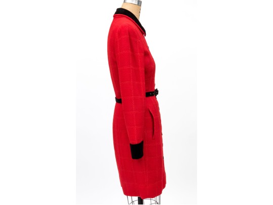 Valentino Boutique Long Red Windowpane Style Jacket With Velvet Collar And Belt, No Size Tag