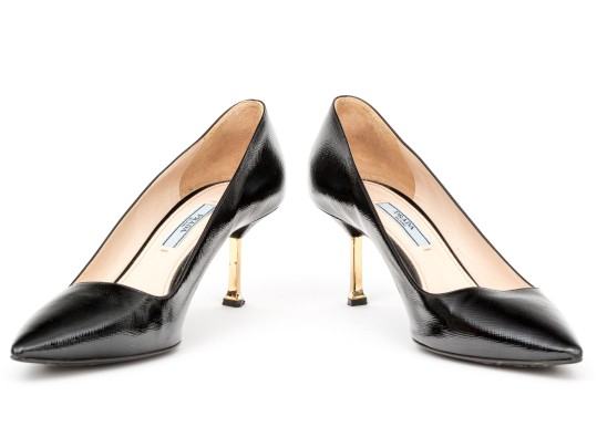 Prada Unusual Black Saffiano Leather Gold Tone Heeled Pumps, Size 41