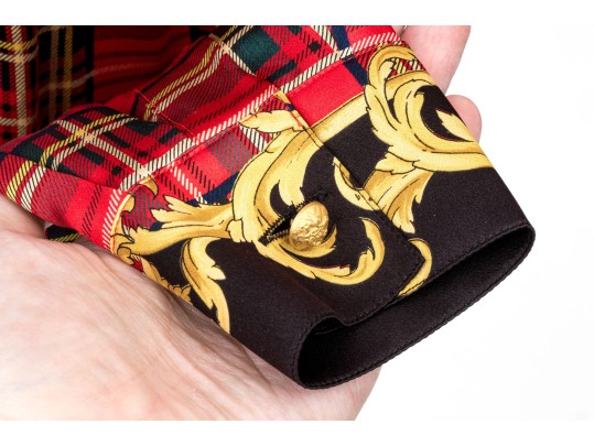 Escada Vintage Red, Black And Gold Scottish Plaid Silk Blouse, Size 40