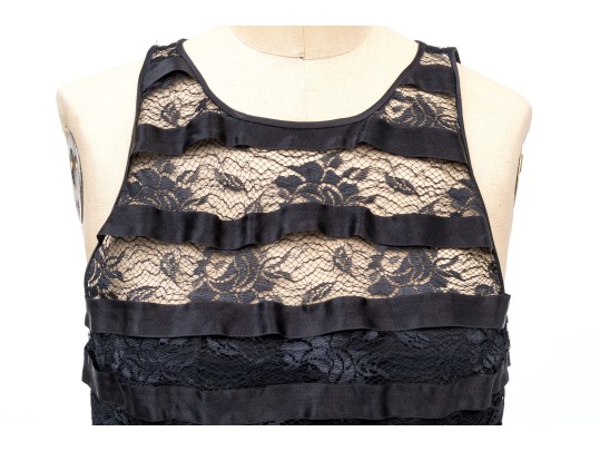 Pamela Dennis Black Silk Lace Motif Sleeveless Sheath Dress, Slze 6