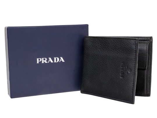 Prada Handsome Black Leather Billfold And Credit Card Holder, With Box