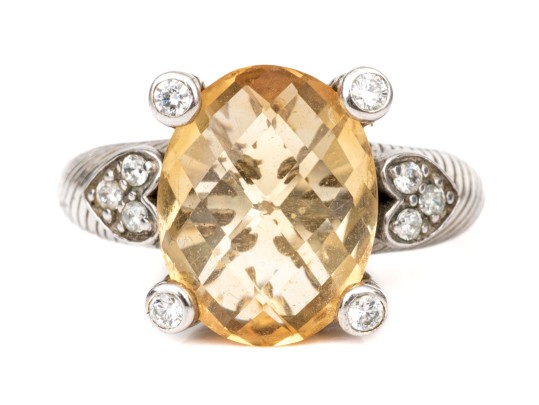 Judith Ripka Sterling Silver Checkerboard Oval Citrine And Cz Ring, Size 7