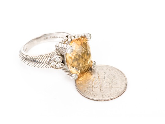 Judith Ripka Sterling Silver Checkerboard Oval Citrine And Cz Ring, Size 7
