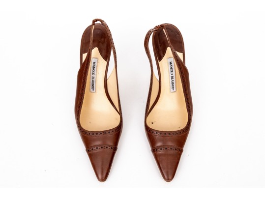 Manolo Blahnik Classic Brown Leather Wingback Style Slingbacks, Size 41 1/2