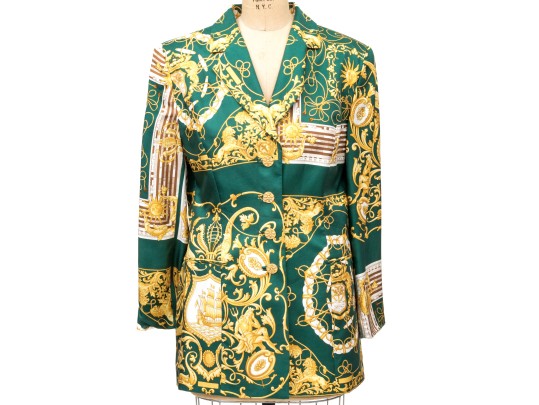 Louis Feraud Fabulous Green, Gold And White Ornate Silk Blazer, Size 12