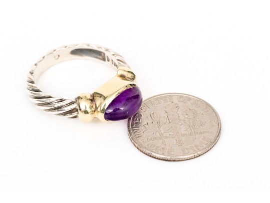David Yurman Sterling Silver And 14k Yellow Gold Amethyst Cabachon Cable Ring, Size 5.75
