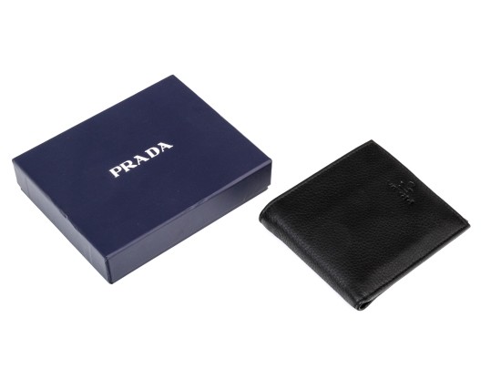 Prada Handsome Black Leather Billfold And Credit Card Holder, With Box