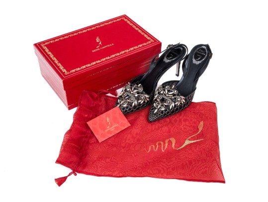 Rene Caovilla Stunning Black And Silver Rhinestone Slingbacks, Size 41, With Box