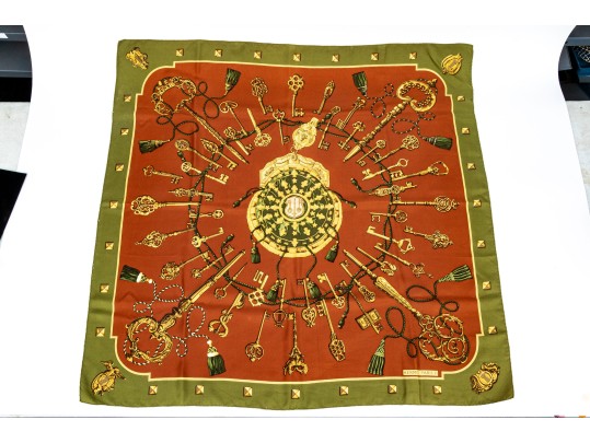 Hermes Classic Key Motif Green And Brown Toned Silk Scarf, With Box